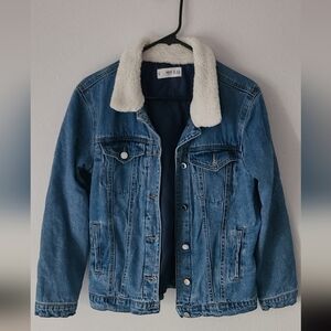Mango denim jacket, sherpa collared and quilted lining.Trucker , Denim blue Xs